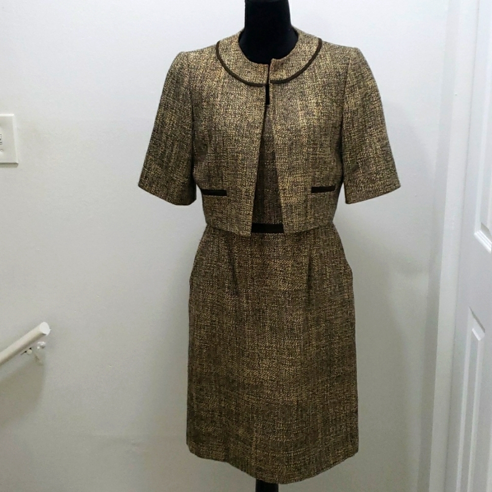 USED Antonio Melani brown tweed dress with matching  crop jacket.